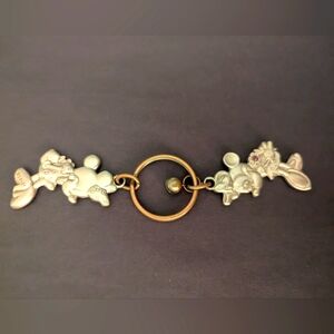 Genuine Disney World 1990 Silver Tone Bell W/ Mickey & Minnie Key Chain Charms